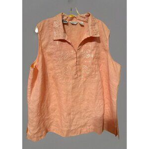 Richard Maicolm Irish Linen Top Peach Sleeveless Collared Embroidered Size 3X‎